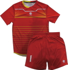 赤とイエローのグラデーションラインが美しい昇華プリントサッカーシャツとパンツの上下セット